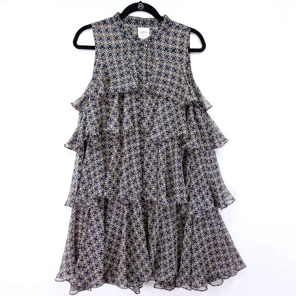 MISA Los Angeles Mini Dress Size Large Chiffon Ruffle Tiered Button Front